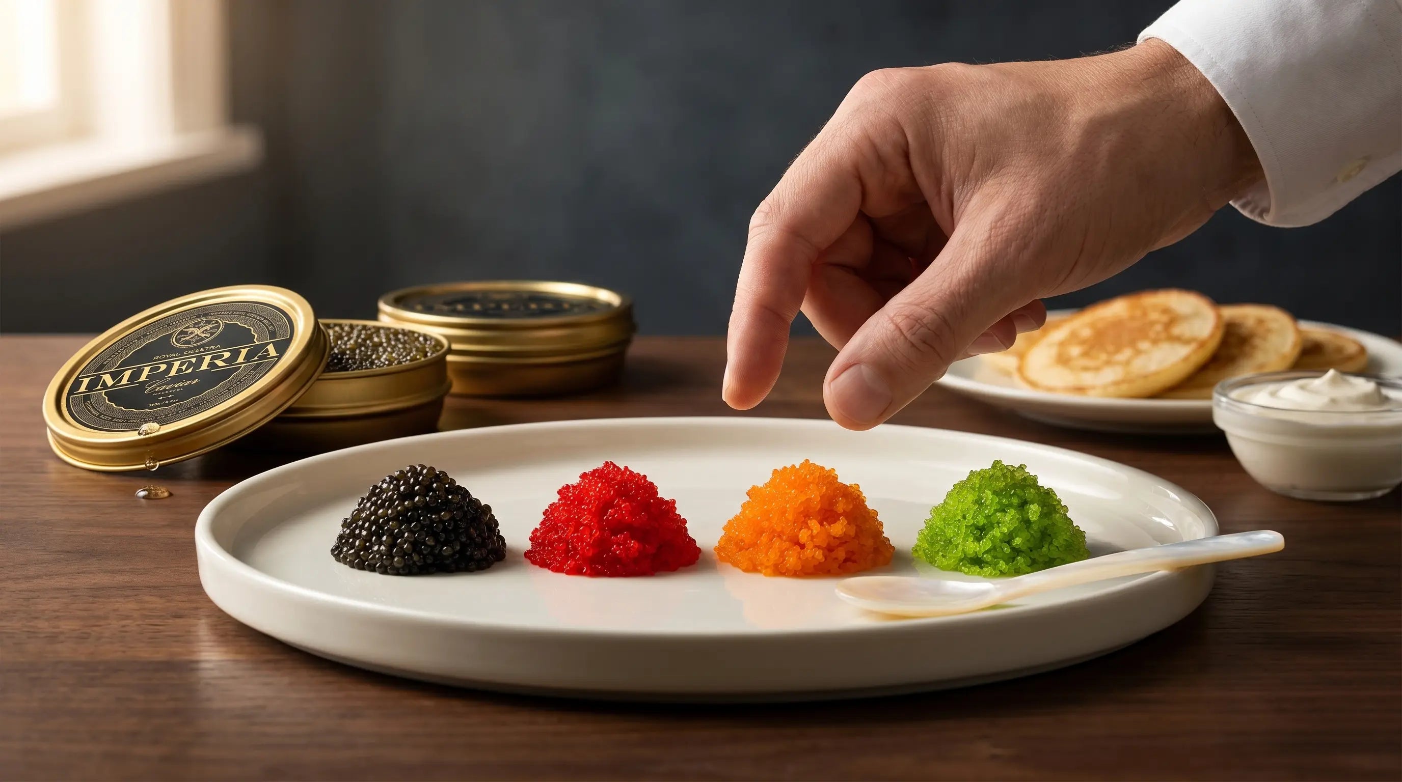 an image showing the a plate with tobiko. besides the table, there's ossetra caviar in a tin from Imperia caviar.