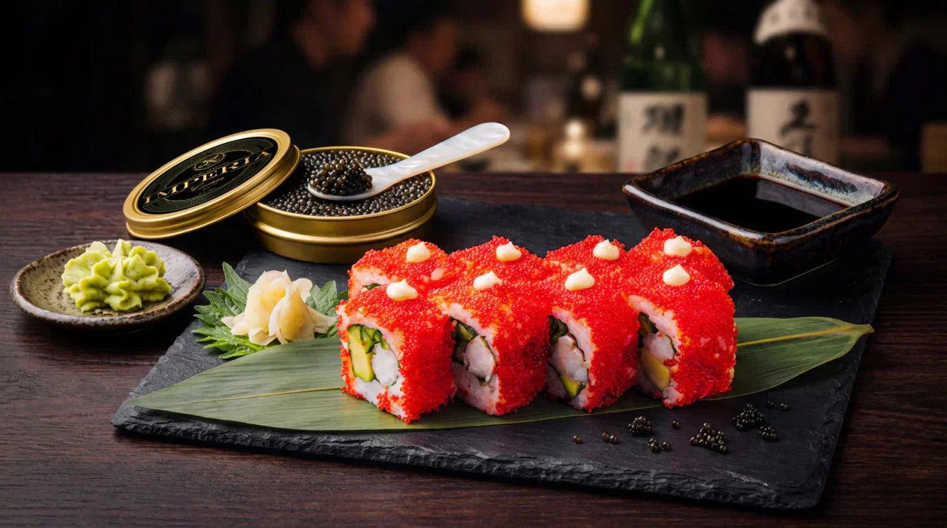 simage showing caviar and tobiko side-by-side