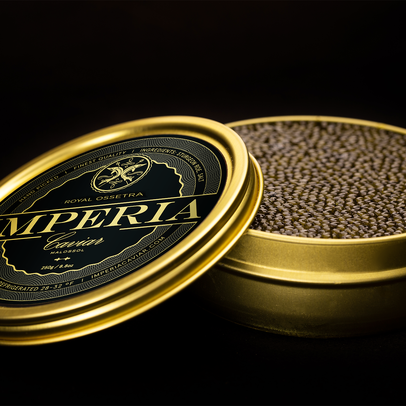 open tin of Royal Ossetra Caviar by Imperia, showing the brand logo and product name with a background of black and gold colors.
