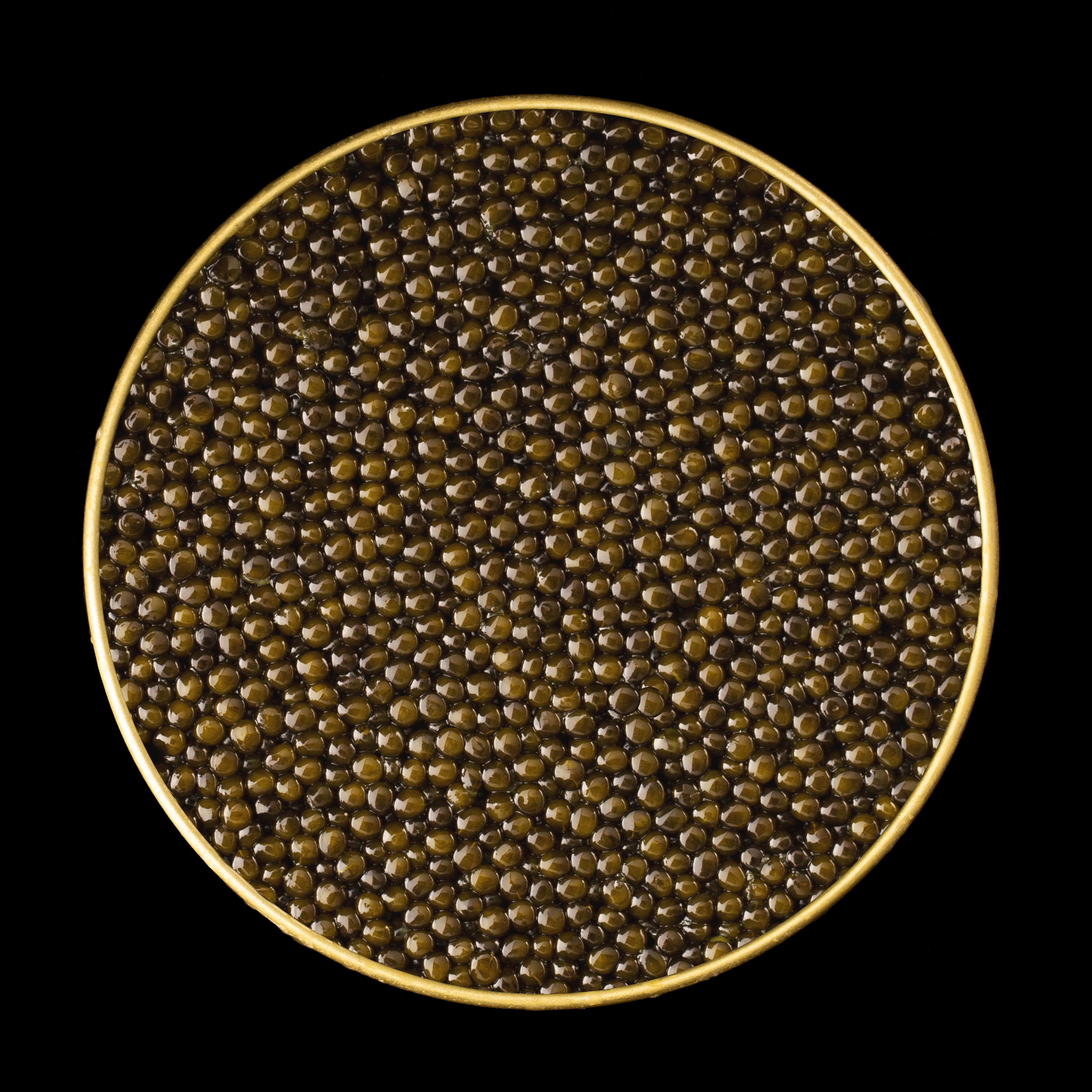 open tin of Royal Ossetra Caviar by Imperia, showing the brand logo and product name with a background of black and gold colors.