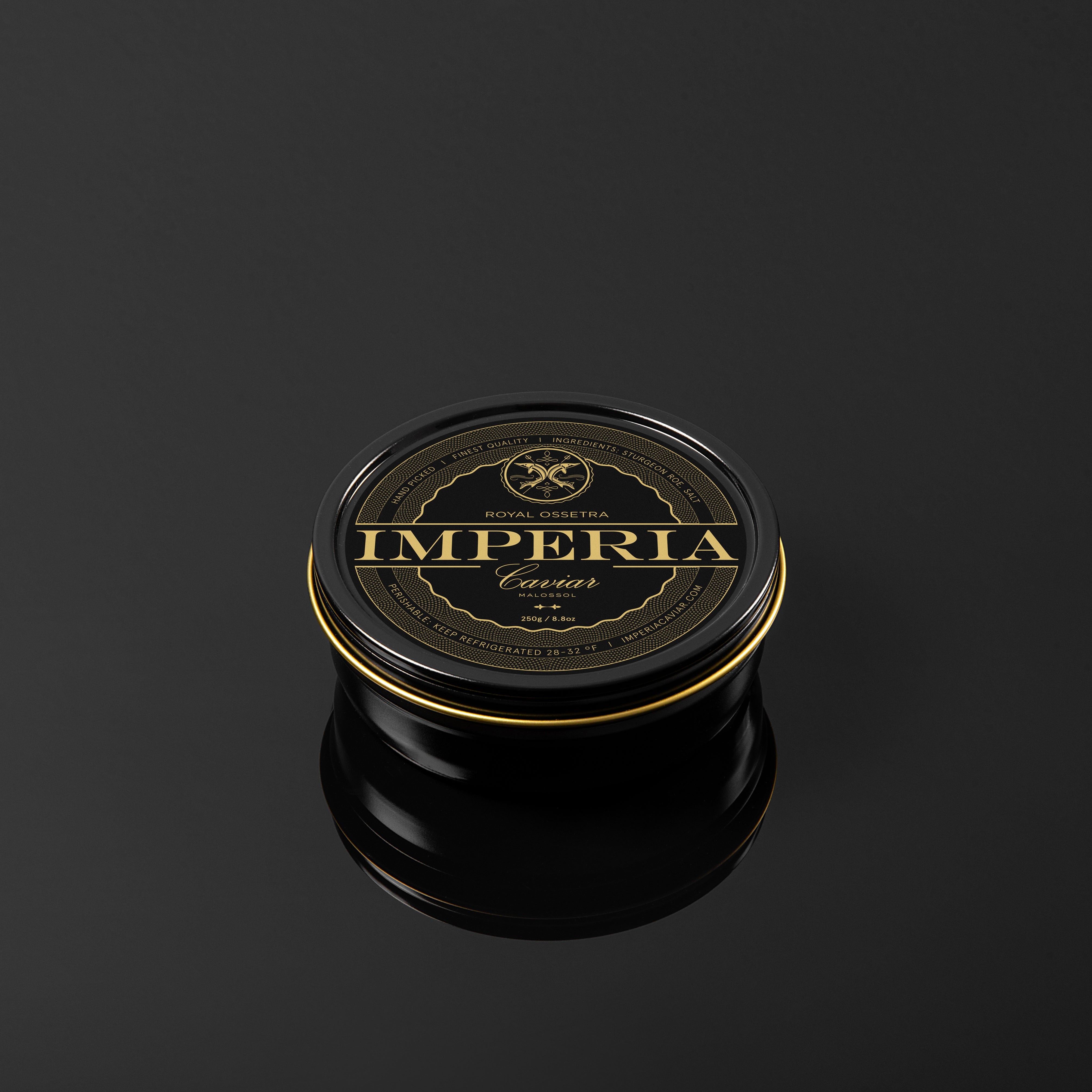 Imperia caviar royal ossetra tin placed on a reflective surface.