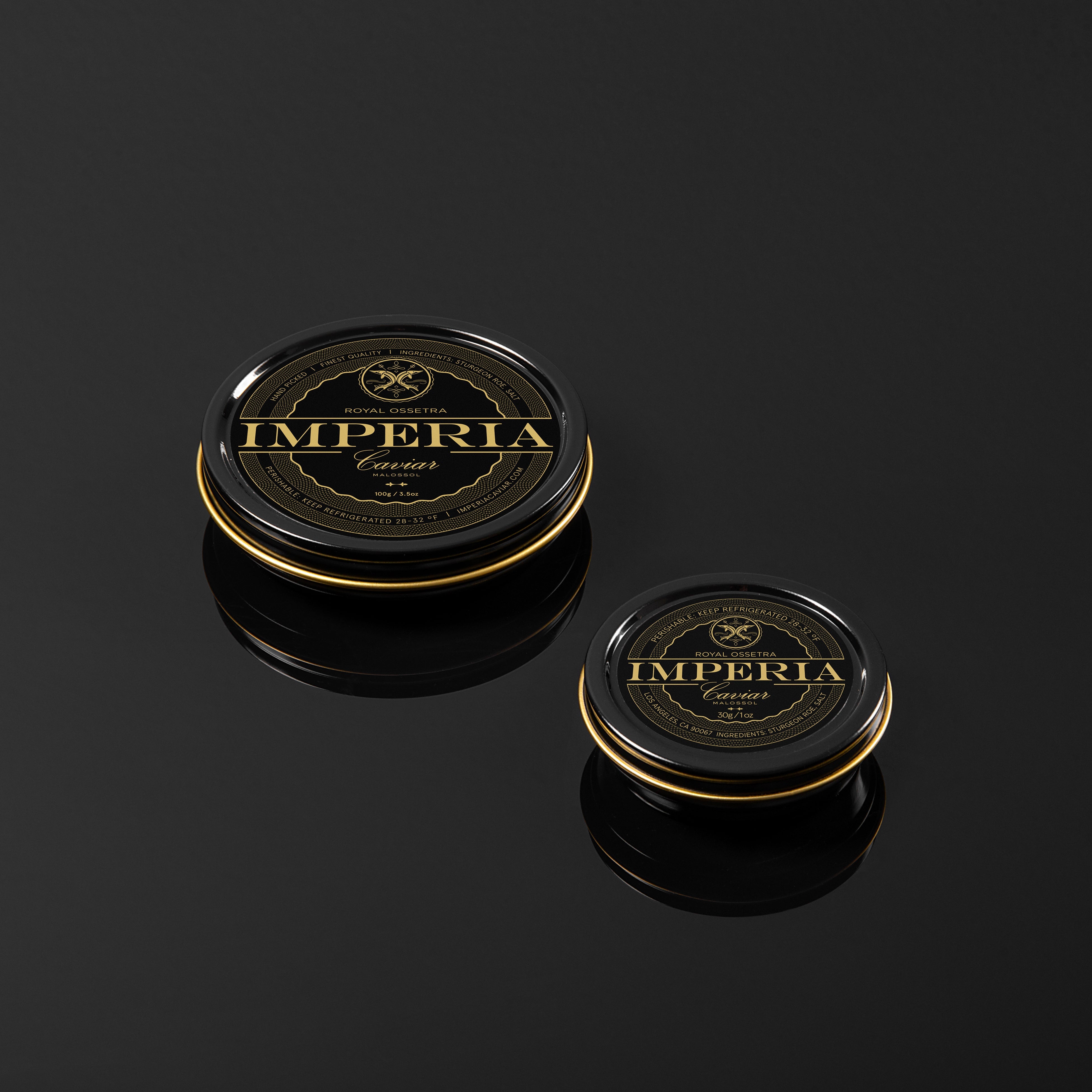 two Imperia caviar royal ossetra caviar on a reflective surface