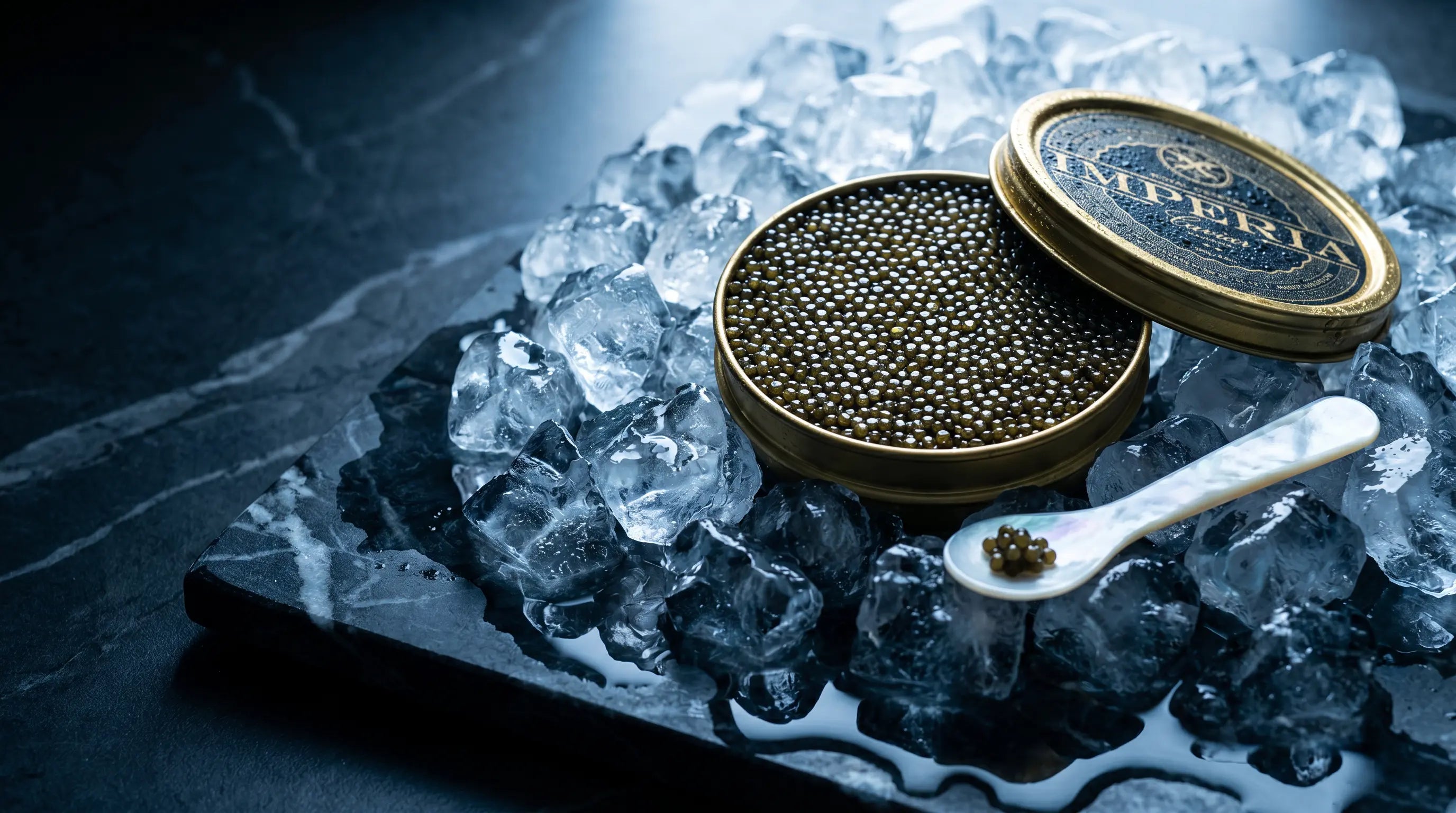 an image showing caviar placed on ice. The caviar brand is Imperia Caviar.