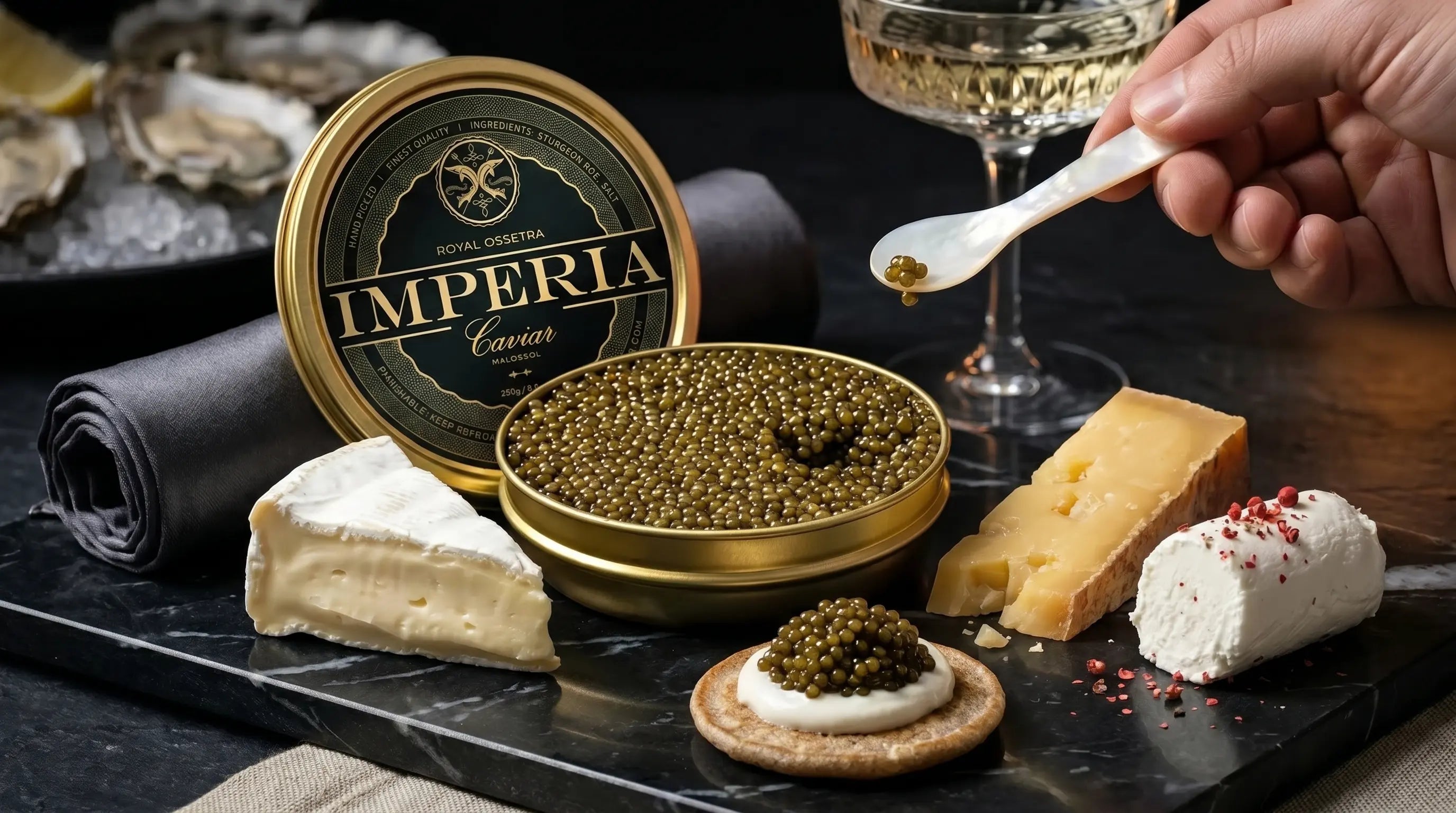 image showing a cheese for caviar on a table next to a glass of vodka.