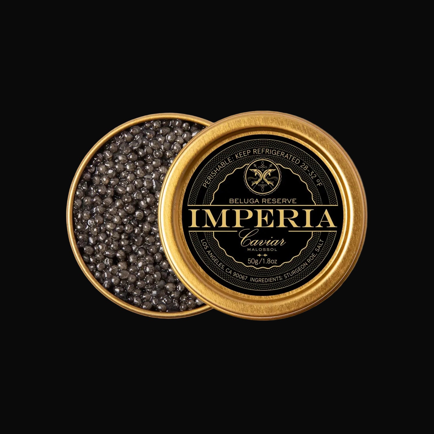 Imperia Beluga Reserve caviar in a gold container on a white background