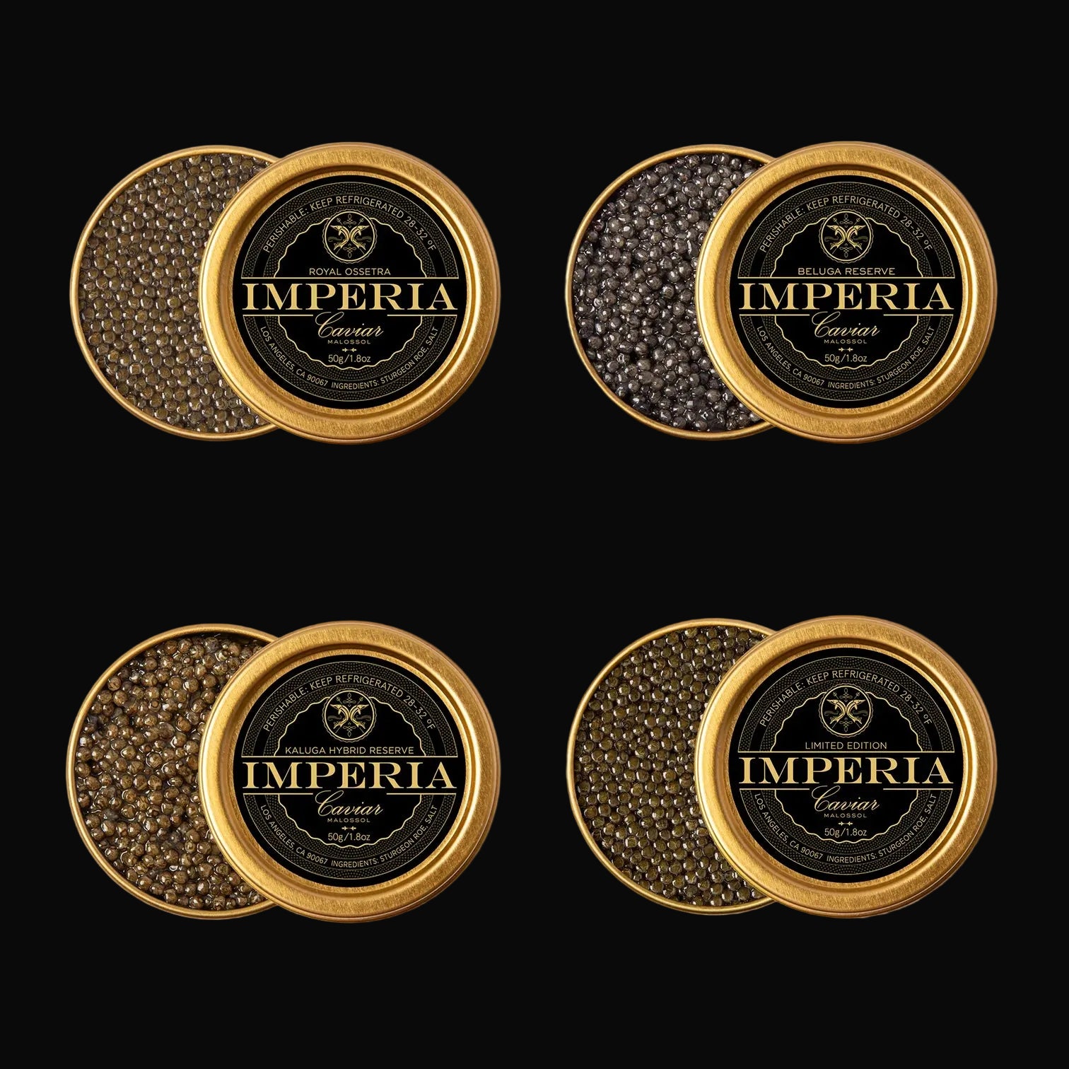 Four containers of Imperia Caviar on a white background
