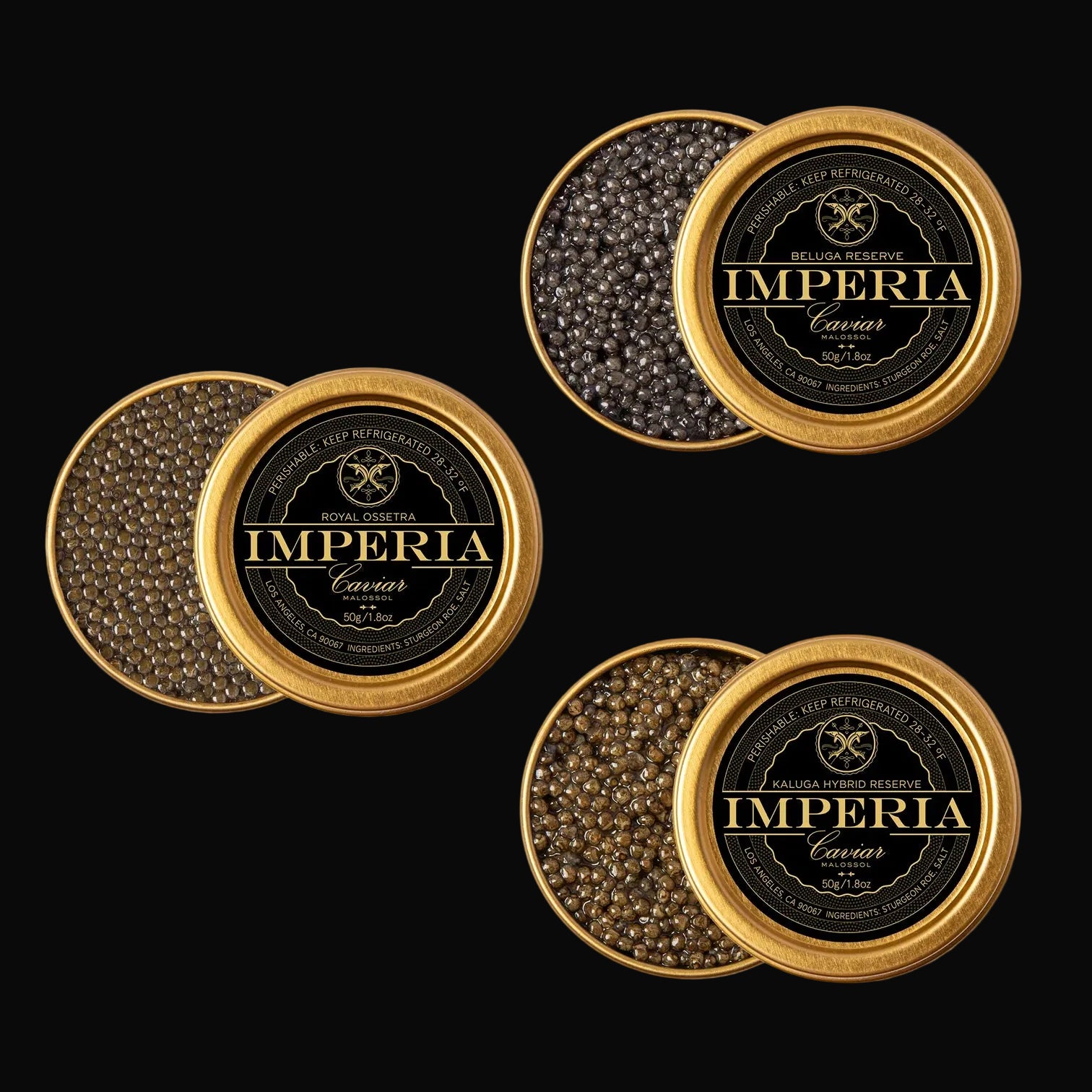 Imperia caviar tins with gold lids on a white background

